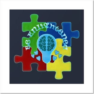 Autism Awareness Be Enlightened Puzzle and Blue Lightbulb Posters and Art